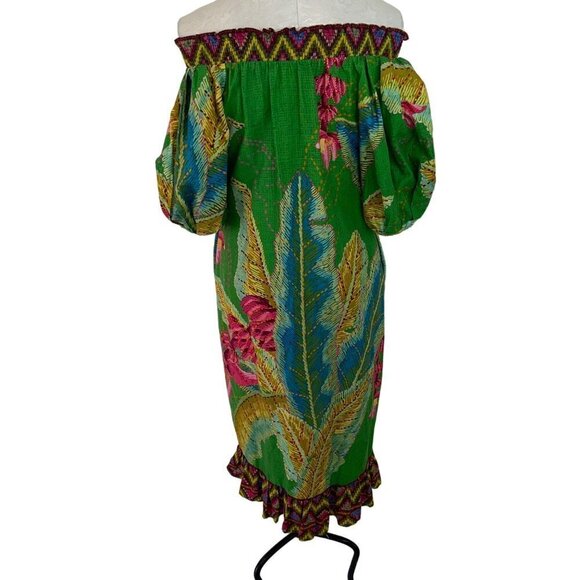 Farm Rio Womens Dress Size XS Green Off The Shoulder Tropical Midi Button Up - Picture 2 of 10